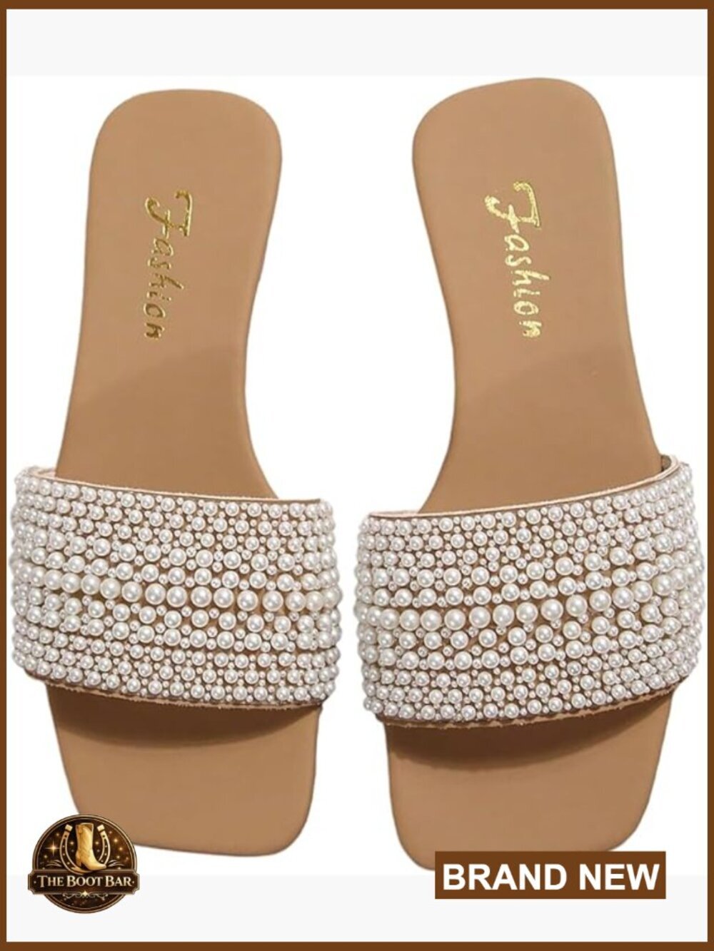 Pearl Decor Square Toe Sandals Leather Open Toe Flat Slip On Slides